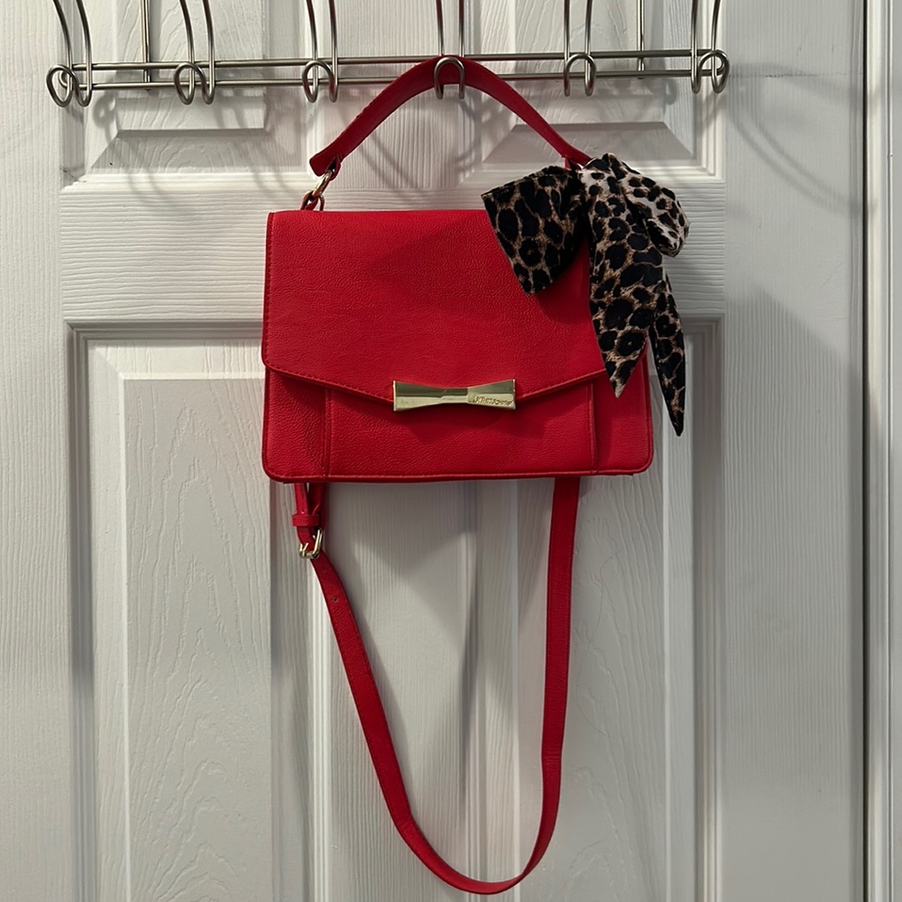 Betsy Johnson Red Animal Print Bow Satchel